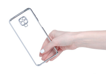 Silicone cover phone case in hand on white background isolation