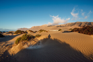 Sandy dunes at sunset in Lanzarote island