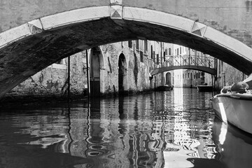 Perspective of canal with bridges in Venice