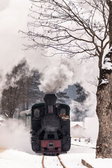 Obraz na płótnie Canvas Old train with big smoke during winter time in Moldovita, Bucovina. Romaniia.