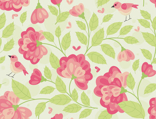 Spring flowers and birds -  Seamless pattern in a flat style. Spring mood. Vector Background for fabric, textile, wallpaper, poster, web site, card, gift wrapping paper 