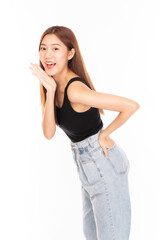 Fototapeta premium Portrait of young beautiful women with happy smile on white background. Attractive Cheerful young Asian girl. Healthy beautiful Asian woman. Youth and Skin Care, Beauty Concept.