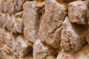Brick texture old vintage background. Dirty aged and rust stone surface facade.