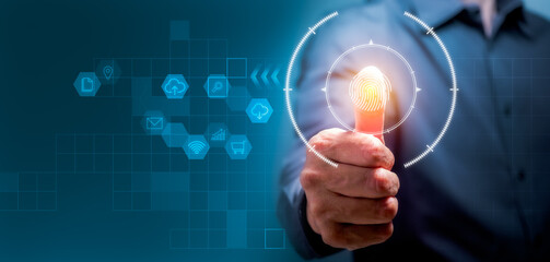 Businessman using fingerprint identification to access and protecting data personal information on cyber security network, Data protection privacy concept