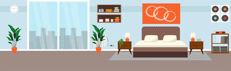 Bedroom with furniture and big window. Flat style vector illustration. Cozy interior. Hotel room.