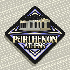 Vector logo for Athens, black rhombus road sign with illustration of parthenon temple in acropolis on dusk sky background, decorative fridge magnet with unique lettering for words parthenon, athens.