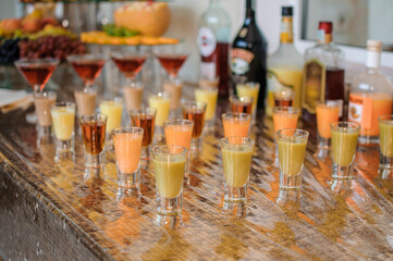 Wedding buffet. Festive buffet. Alcoholic cocktails with different multicolored liqueurs