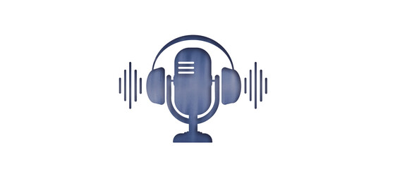 blue icon of a radio microphone with headphones. White background. Podcasting or  broadcasting banner. 