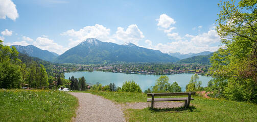 pictorial spring landscape upper bavaria, view from Leeberg hill to lake Tegernsee, Wallberg Mountain and tourist resort Rottach-Egern
