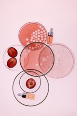 Abstract cosmetic laboratory. Organic bio cosmetic with grapes seeds oil and herbal ingredients. Top view