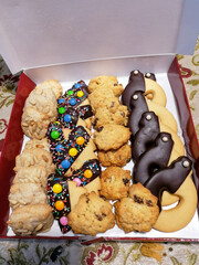Assorted chip cookies on a box
