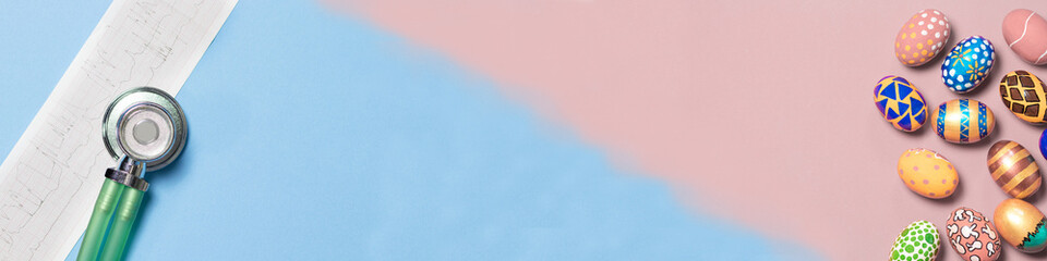 A medical banner with a stethoscope and an ECG with an Easter concept painted eggs on a pink and blue background with place for text.