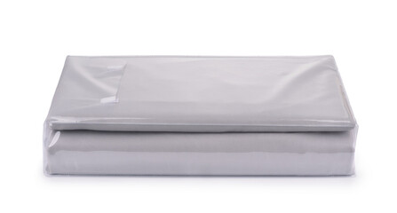 Grey cotton bedding sheets in clear plastic bag