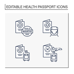 Health passport line icons set. Necessary document. Information about health status. Negative test. Fight against Coronavirus. Vaccination card. Covid19 concept. Isolated vector illustrations