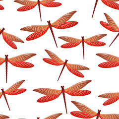 Fototapeta na wymiar Dragonfly girlish seamless pattern. Summer dress textile print with flying adder insects. Close up
