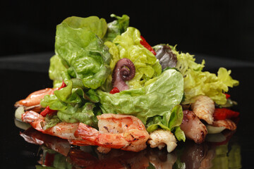 Salad leaves with shrimps,cuttlefish, octopus cooked on the grill