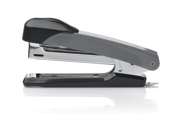 Side view of grey metal office stapler