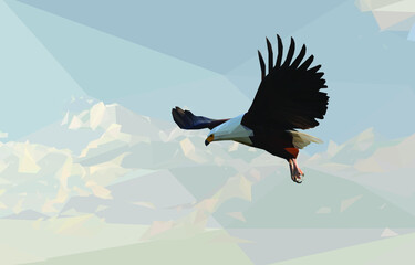 Geometrical, low poly, illustration of an eagle flying in the sky with clouds