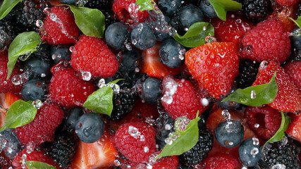 Top view of berries fruit with water splashes