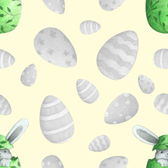 bright Easter seamless pattern with rabbit and eggs