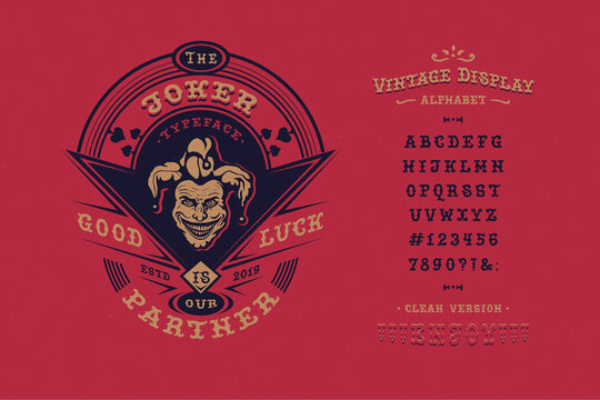  Display hand crafted vintage Font Joker. Letters and number