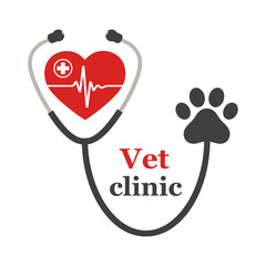 Stethoscope illustration with animal paw print symbol and hearts with pulse. Veterinary medicine emblem on a white background. 
