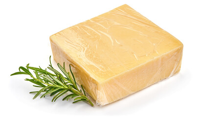 Packed piece of Holland cheese, isolated on white background