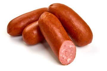 Smoked German Sausages, isolated on white background. High resolution image