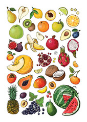 Vegetables and fruits food vector poster. Color sketch of products. Decor for kitchen and restaurant. Farm fruits and berries. Watermelon, banana, pineapple, apple, pear