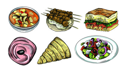 Colorful watercolor Hand drawn sketch set of Greek cuisine. Greek Fasolata soup, Chicken Souvlaki, Greek Baklava, Taramosalata, Greek Salad, Spanakopita	