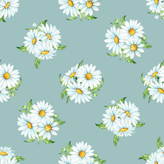 Bouquets of chamomile flowers, leaves, seamless pattern, on an isolated background. Watercolor drawing, on a white background, for printing fabric, and digital paper.