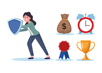 businesswoman extressed with shield and information overload icons