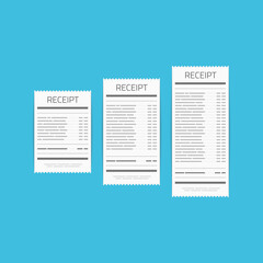 Receipt icon set in a flat style isolated on a colored background. Invoice sign. Bill atm template or restaurant paper financial check. Concept Paper receipts icons.