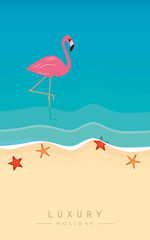 pink flamingo on the beach in turquoise water luxury holiday vector illustration EPS10