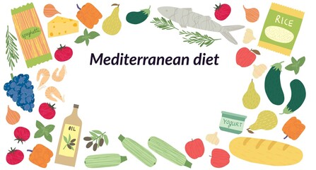 Mediterranean diet concept vector illustration. Hand drawn vegetables, seafood, fish, fruits, olive oil, pasta, rice isolated on white background. Flat cartoon healthy ingredients, organic food