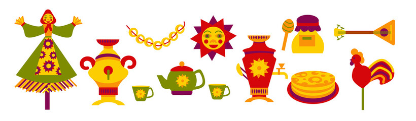 Obraz na płótnie Canvas a collection of bright icons for the traditional Russian spring holiday-Maslenitsa. a set of bright elements: sun, pancakes, samovar, lollipop, kettle. For postcards, menus, and design