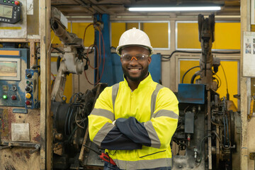 Smiling black African American man, an engineer or worker with the smart robot welding hand system...