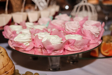 Obraz na płótnie Canvas Sweet cakes at a wedding banquet. Catering, sweet festive buffet. Candy bar