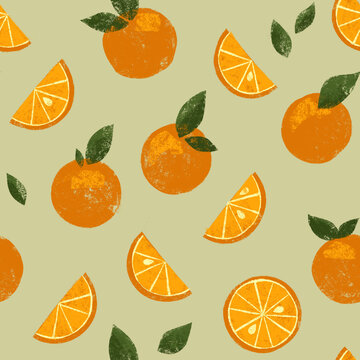 Cute bright retro orange citrus seamless tiling wallpaper pattern with green gray background