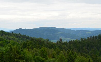 landscape of green hills with a mine shaft, Banská Stiavnica, slovakia