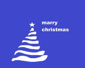 blue background with stylized white christmas tree and wishes