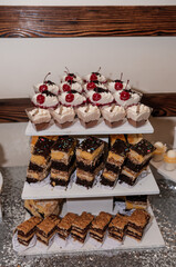 Sweet cakes at a wedding banquet. Catering, sweet festive buffet. Candy bar