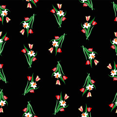 Tulips and daffodiles seamless pattern, vector art.