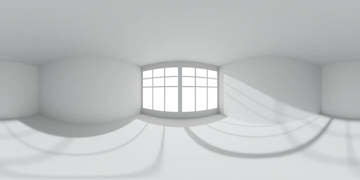 HDRI environment map of empty white room with white wall, floor, ceiling with sun light from window, colorless white 360 degrees spherical panorama form center of room 3d animation mock-up