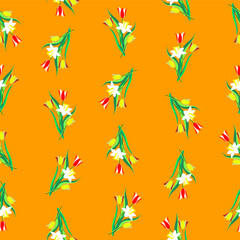 Tulips and daffodiles seamless pattern, vector art.