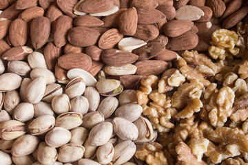 A food triangle made up of almonds, pistachios, and walnuts. Funds, food, and health.