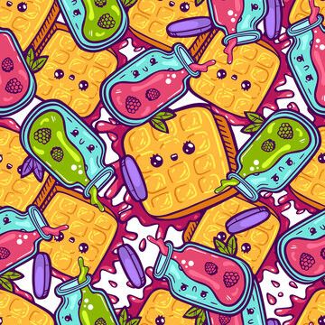 Kawaii colorful waffles and jam seamless pattern. Cartoon style doodle sweety character. Emotional face icon candy shop. Hand drawn illustration isolated on white background. Vector