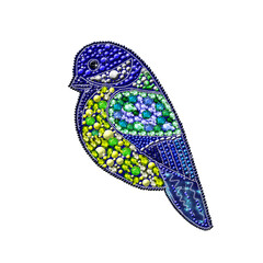 On a white isolated background brooch in the form of a titmouse bird with blue and yellow rhinestones and beads, glitters 