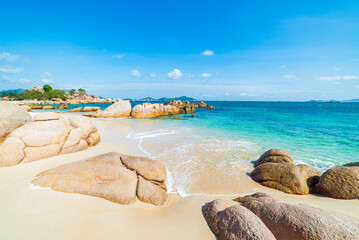 Gorgeous tropical beach turquoise transparent water unique rock boulders, Cam Ranh Nha Trang...
