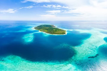  Aerial: exotic tropical island white sand beach away from it all, coral reef caribbean sea turquoise water. Indonesia Sumatra Banyak islands © fabio lamanna